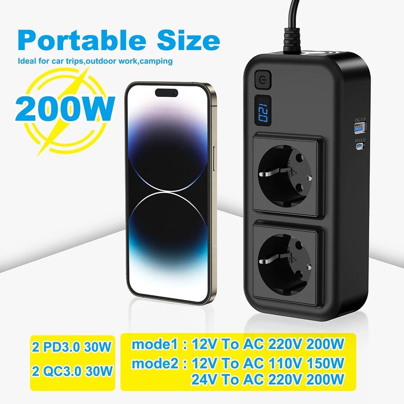 Bluejw DC 12V to 110V/220V 200W Car Power Inverter with 30W USB-C PD3.0 & 4 USB Car Charger, Automobile Adapter Outlet for Laptop/Tablet/Phone - Image 5